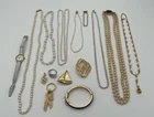 VTG Lot of 7 Wearable Costume Jewelry Necklaces Pearl Type Pins Rings Gold Tones