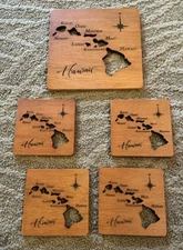 4 Hawaiian Wood Drink Coasters & Trivet Hawaii Islands Cutout Retro Tiki Bar
