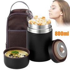 800ml Thermal Food Flask, Black Hot Insulated Thermal Container With Spoon,Bag