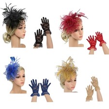 Elegant Hair Clip Pillbox Fascinator Hairpiece Wrist Lace Gloves Set For Party