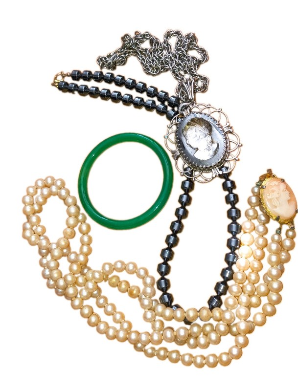 Genuine Green Jade Bangle+Hematite Necklace+Cameos Vtg 4pc Lot RARE