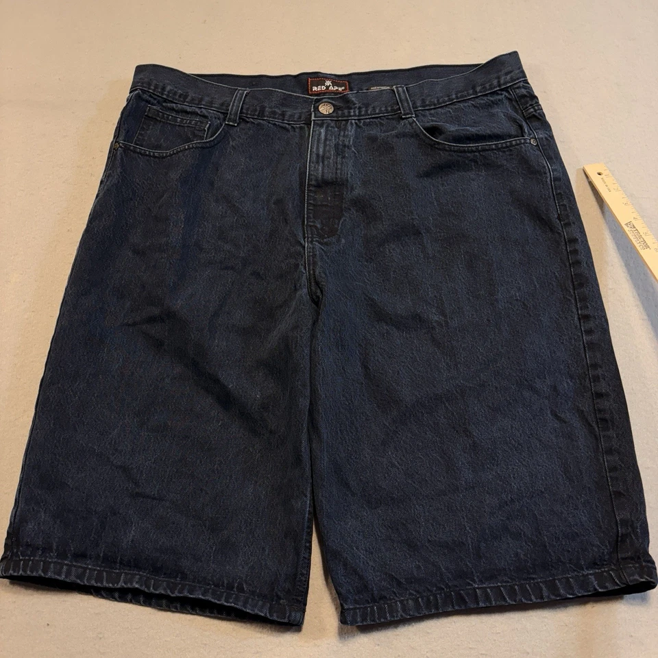 Y2K мешковатые джинсовой ткани Jean шорты мужской 44 хип-хоп вышитый синий DarkWash красный обезьяна - Изображение 3 из 4