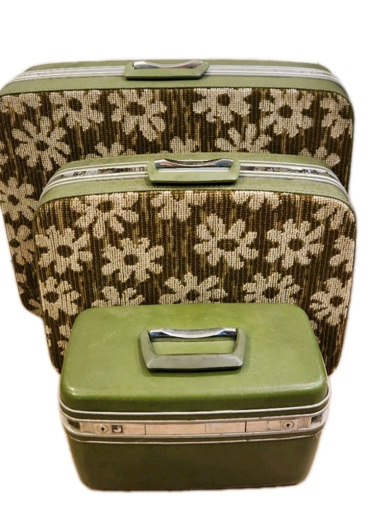 2 Samsonite 60s Fashionaire Daisy Floral Green Carpet Suitcase