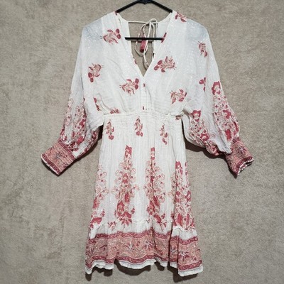 Lovestitch Cream Floral Long Balloon Sleeve Boho Dress Womens Size Small