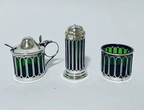 Antique Solid Sterling Silver Cruet Set Salt Pepper Mustard Green Glass Liners