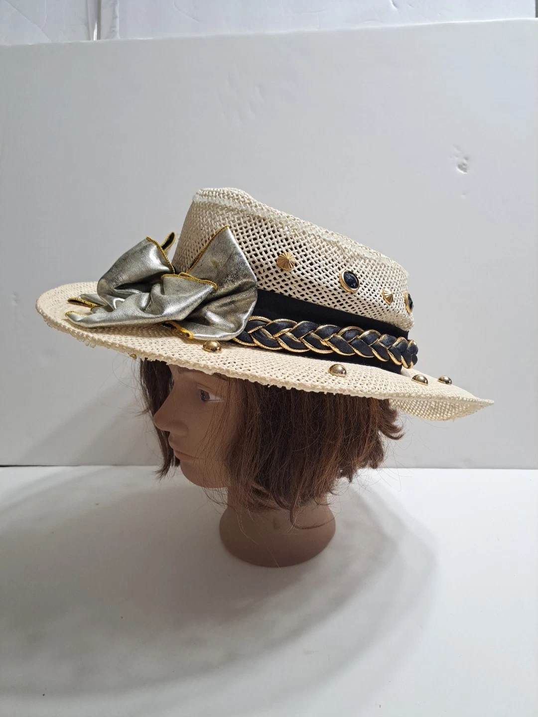Womens Woven Fedora Style Hat With Gold & Black Embellishments & Bow