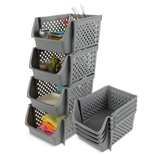 Spec101 Stackable Plastic Bins - 4pc Gray Large Plastic Stackable Storage Bins