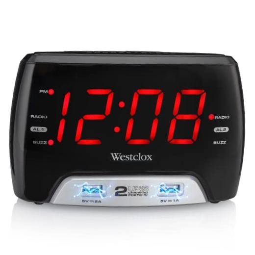 Large 1.4” Red LED Digital FM Clock Radio with Dual USB A & C Charging Ports,