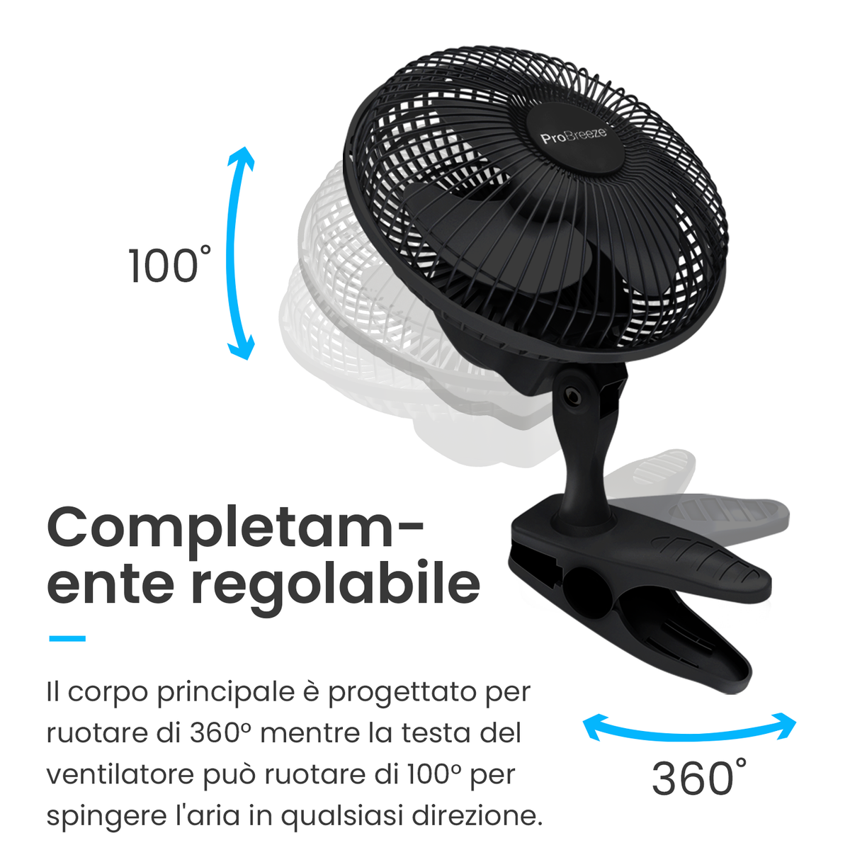 Ventilatore Da Tavolo PRO BREEZE Mini Con Clip - 15W, 2 Velocità, Ultra Silenzioso, Girevole 360° - Foto 6