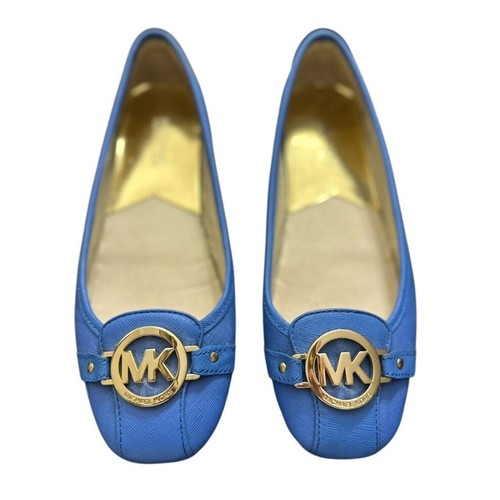 Michael Kors Ballet Flats Womens Leather Loafers Blue Gold Logo Size 8