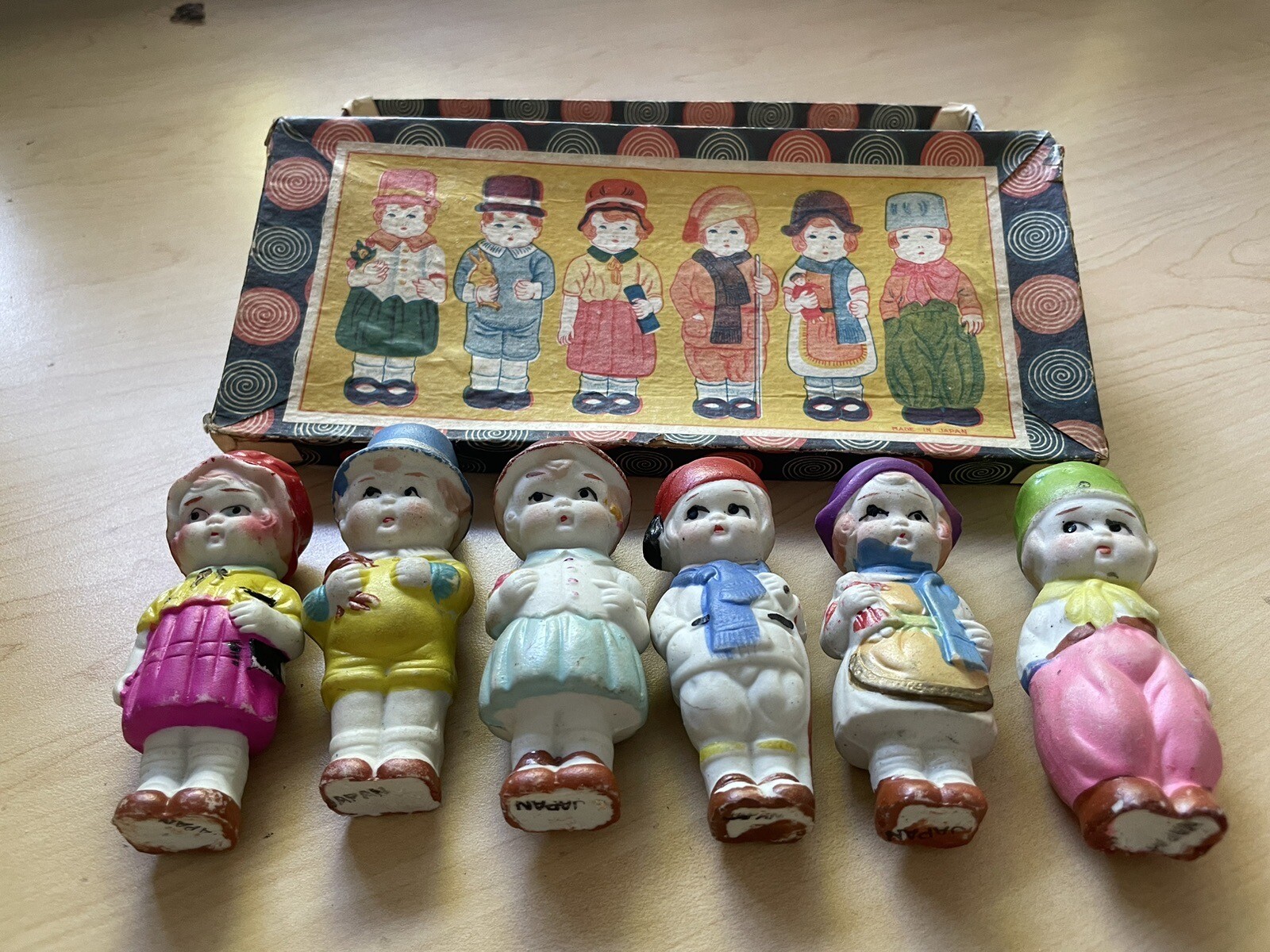 Six Vintage bisque Japanese Penny dolls with original box made in 1900