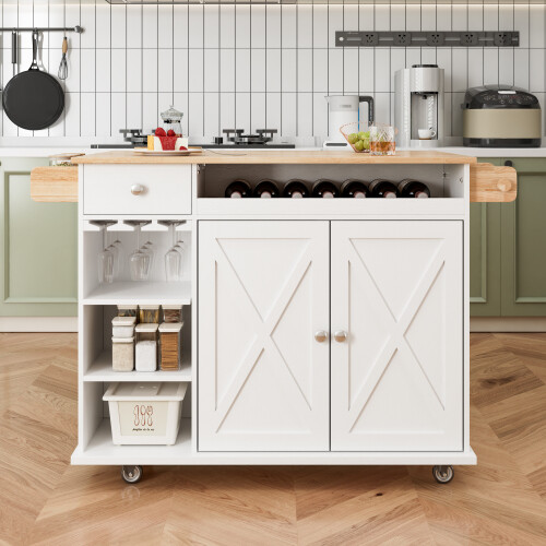 44 Inch Kitchen Island Cart with Solid Wood Top, Wine Storage, Spice Rack, Towel - Picture 1 of 14