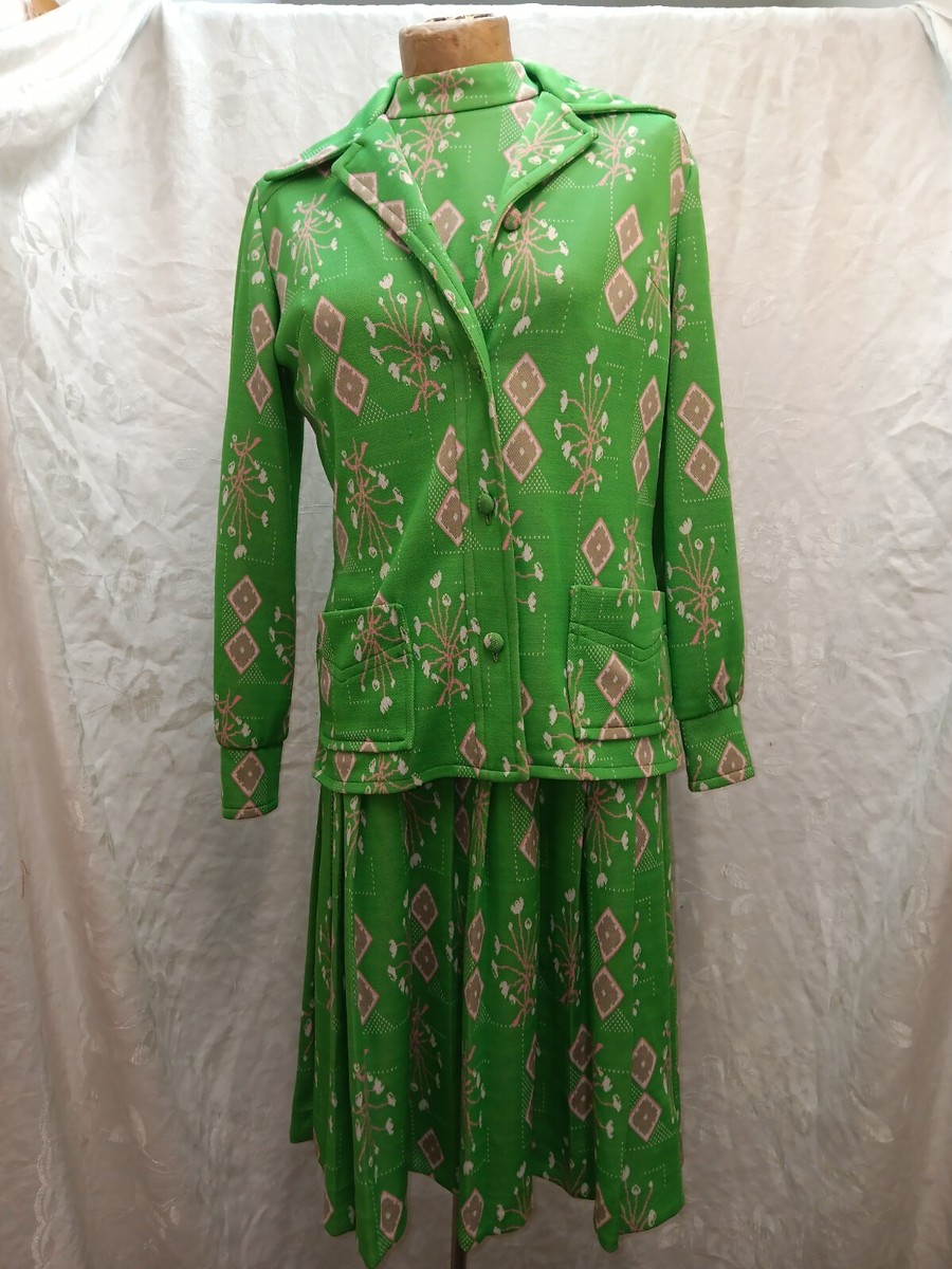 Vintage 70s Green Tan Pink Mod Poly Dress & Jacket by Krest Size Medium |  eBay