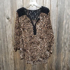 Signature Studio 1X Tunic Top Blouse Brown Black Animal Print Lace Roll Tab Plus