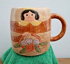 Folk Craft By Shafford Lady Holding Basket Hand Painted Coffee Mug