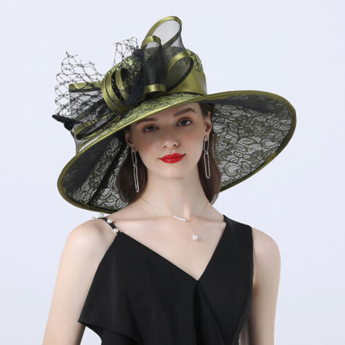 Hot Women Mesh Floral Pattern Organza Hat Wide Brim Cap Cocktail Party Wedding - Picture 3 of 26