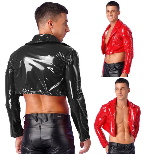 Men's Leather Jacket Latex Rubber Cropped Coat Biker Motorcycle Top T-Shirts - Picture 1 of 33