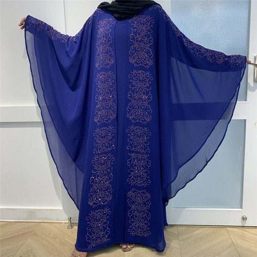 Moroccan Abaya Muslim Women Batwing Sleeve Chiffon Maxi Dress Hot Drilling Gown - Picture 40 of 41