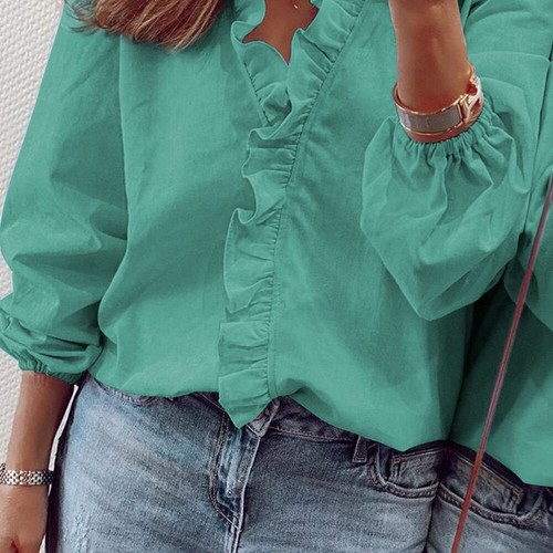 Plus Size Women V Neck Long Sleeve Shirt Ladies Casual Ruffle Frill Tops Blouses - Picture 27 of 33