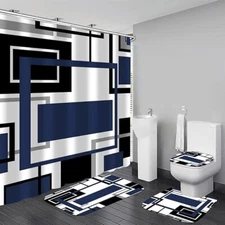 Yddsky Blue Geometric Shower Curtain Set with Non-Slip Rugs – 4 Pcs | Free & Fas