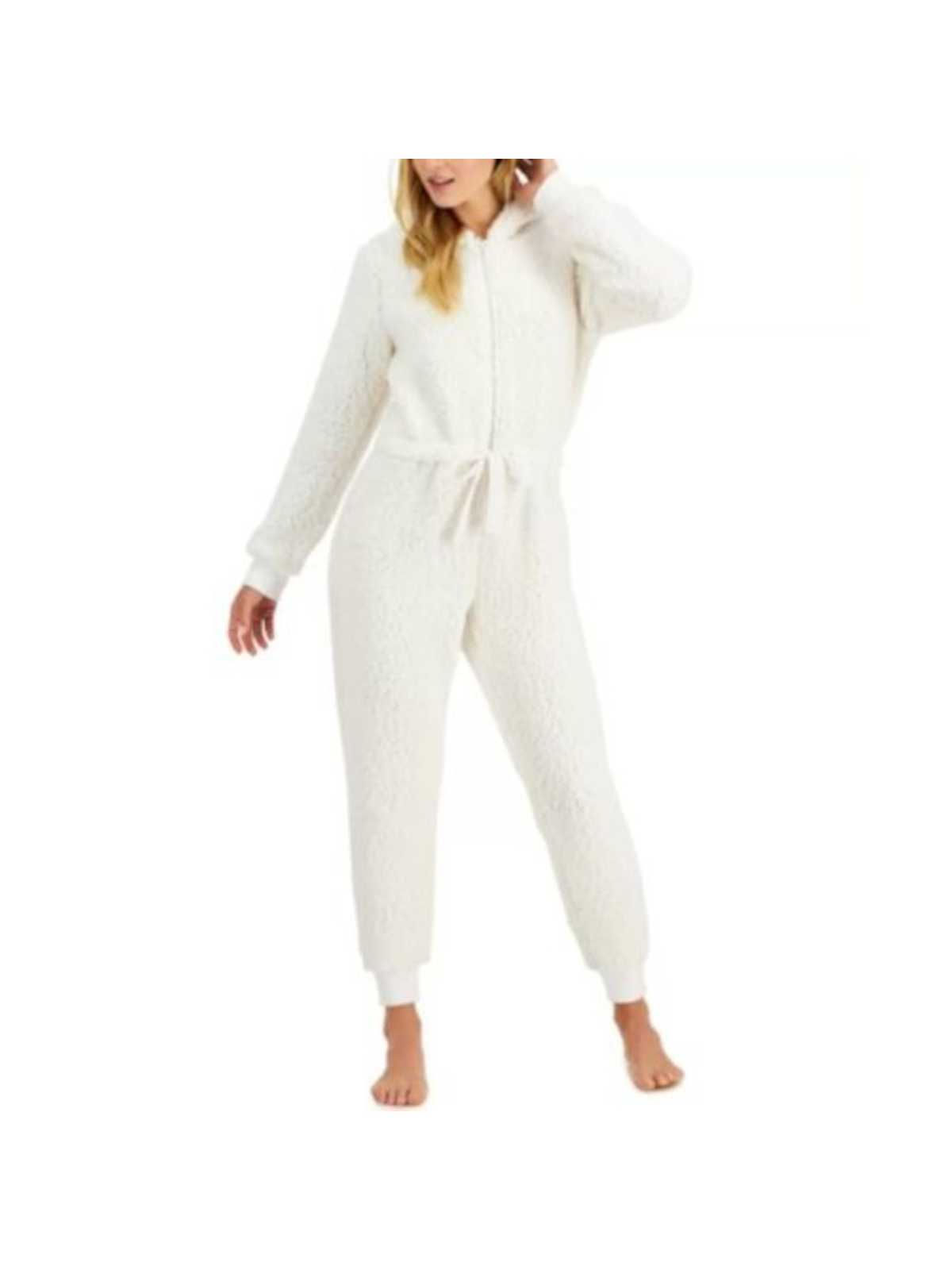 JENNI Intimates White Drawstring Hooded Tie Waist Sherpa Union Suit Pajamas S