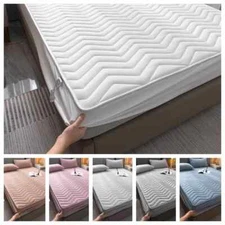 1pc Thicken Quilted Mattress Cover Queen Size For Bed Solid Color Washed Cotton