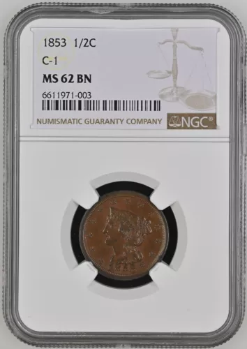 1853 Half Cents Braided Hair 1840 - 57 NGC MS-62 BN C-1