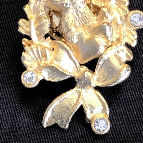 VTG CHRISTMAS TEDDY BEAR Holiday Mini Brooch Pin Lapel Wreath Crystal Gold - Imagen 4 de 15