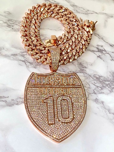 Men's Ice Out Miami Cuban Chain Rose Gold Big Interstate i10 Iced Pendant Chain - Picture 6 of 12