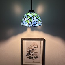 Tiffany Style Mini Hanging Lamp Blue Stained Glass Green Leaves LED Bulb 60"H
