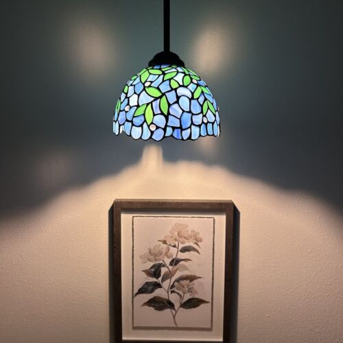 Tiffany Style Mini Hanging Lamp Plug In Blue Stained Glass Green Leaves 60"H*8"W - Picture 5 of 10