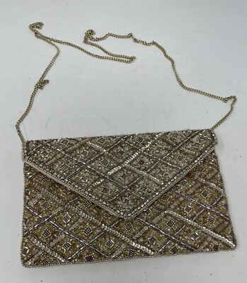 Accessorize London Sequin Bead Gold Chain Clutch Purse Handbag 6  X 9.5 
