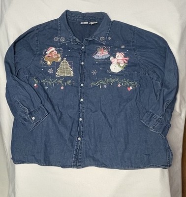 Vintage White Stag Holiday Shirt Womens 26/28 Blue Christmas Cottagecore