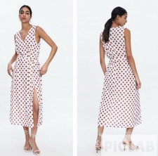 Zara White Rust Polka Dot V-Neck Slip Midi Dress Romantic Twee Effortless