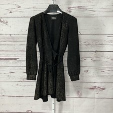 Reformation Metallic Wrap Mini Dress Black Gold Long Sleeve Tie Waist Size 6