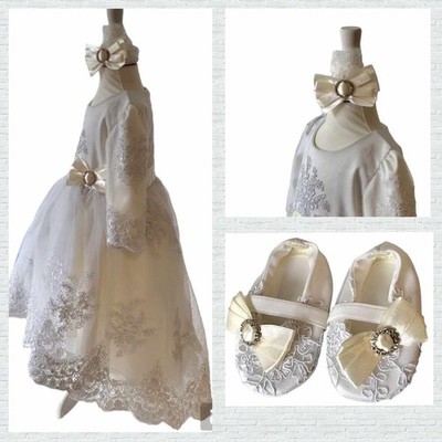 Taufkleid Gr. 62 68 (3-6 Monate) Kleid Babykleid Taufe Party Stirnband Schuhe