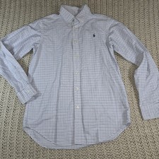 Ralph Lauren Button up Shirt Boys Youth 18 Checked Plaid White Blue 100 cotton