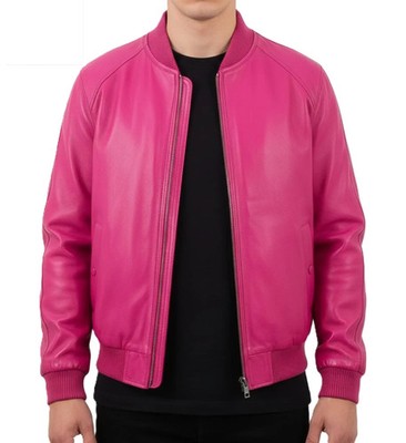 Men's Genuine Lambskin Leather Pink Bomber Flight Jacket Casual Zip Blouson Coat
