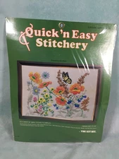 Vintage Quick’n Easy Stitchery Kit Butterfly Garden Flowers MCM Cottagecore