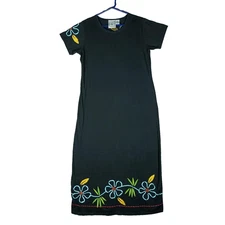 Michael Simon Lite Dress Womens Large Black Embroidered Floral Knit Maxi Boho