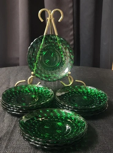 Vintage Anchor Hocking Forest Green "Bubble" Glass Saucers - Set of Twelve