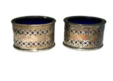 Lot of 2 Antique Vintage Silver Salts with Blue Glass Liners English Hallmarks