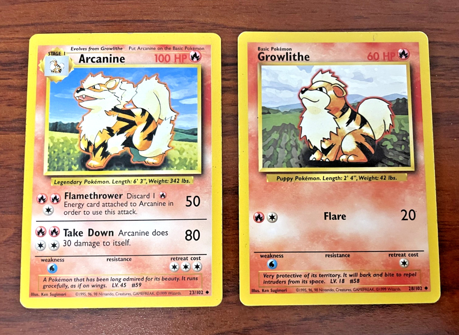 Pokemon card PAIR - Growlithe #28 AND Arcanine #23 - Base Set - Vintage 1999