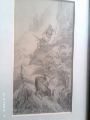 Bleistift! Friedrich Gauermann 1807-1862 ''Gams Jäger in den Alpen '' Romantiker!!