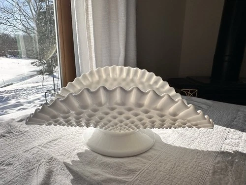 Vintage Fenton Hobnail Milk Glass Crimped Dish