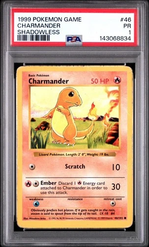 PSA 1 Shadowless Charmander #46/102 Base Set Pokemon 1999 WoTC PR