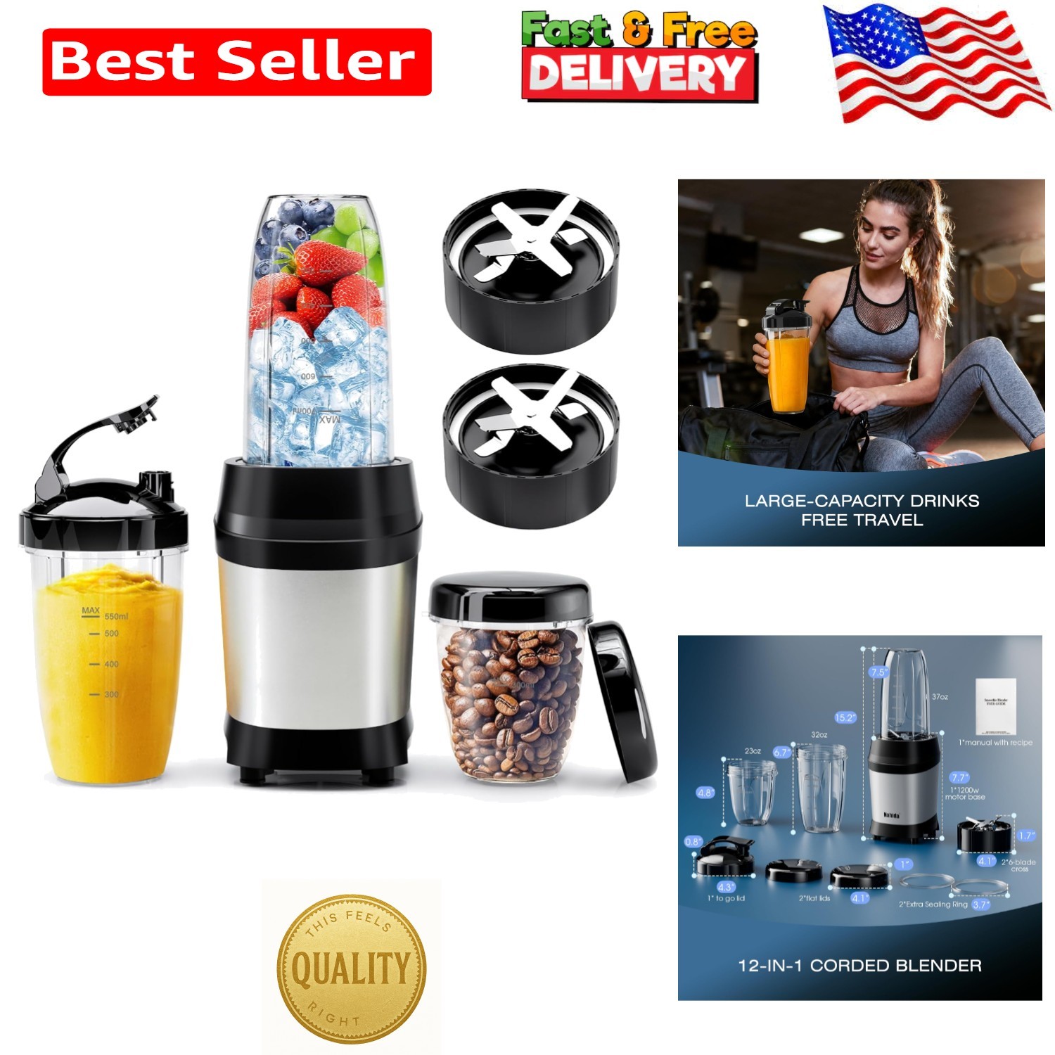 Effortless 1200W Blender with Easy Clean Design & 3 Travel C
