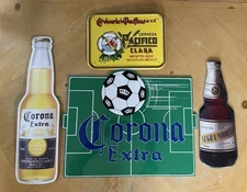 4 Mexican Beer Metal Signs - 2 Corona Extra, Negra Modelo, and Cerveza Pacifico