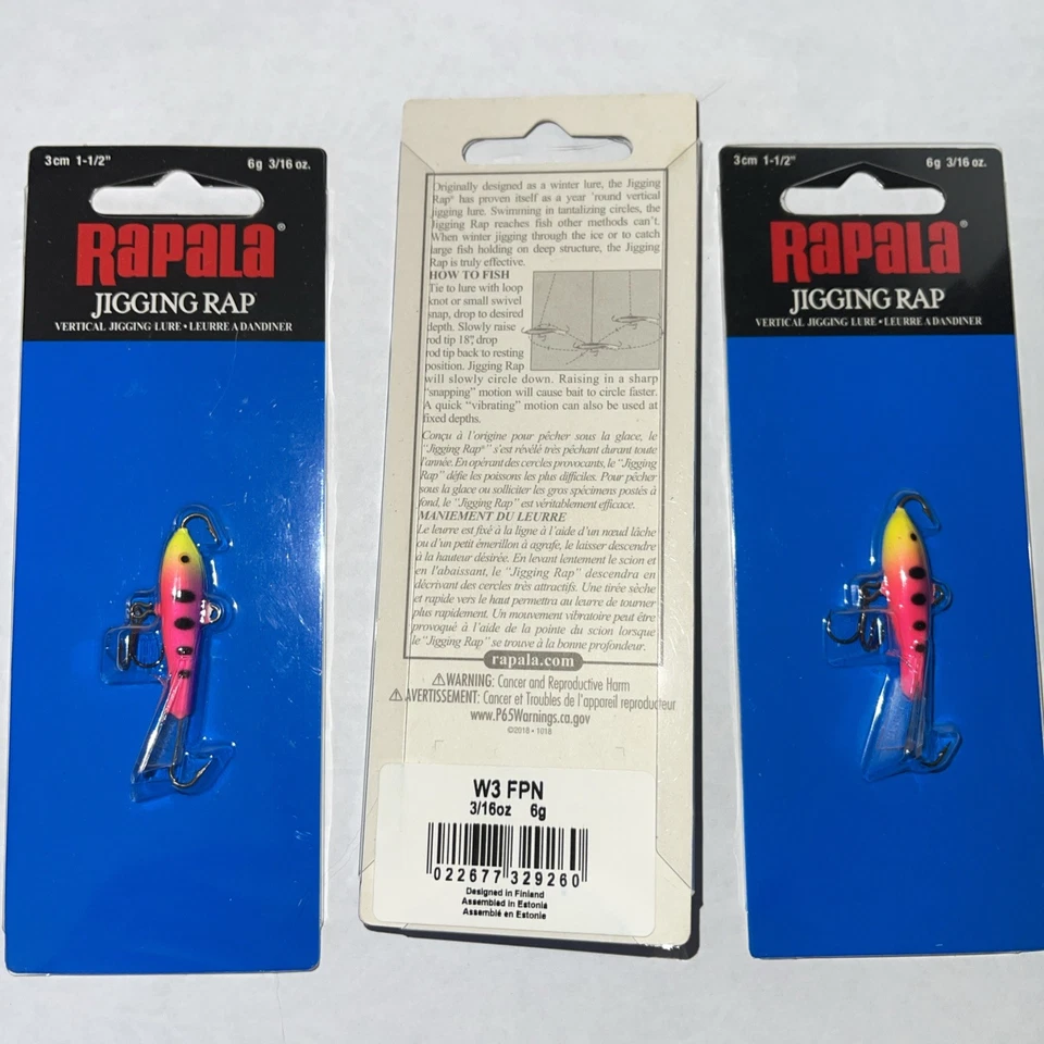 3 paquetes Rapala Jigging Rap W3 FPN ponche de frutas Walleye, pesca en hielo, panfish, plantilla Foto 2 de 2