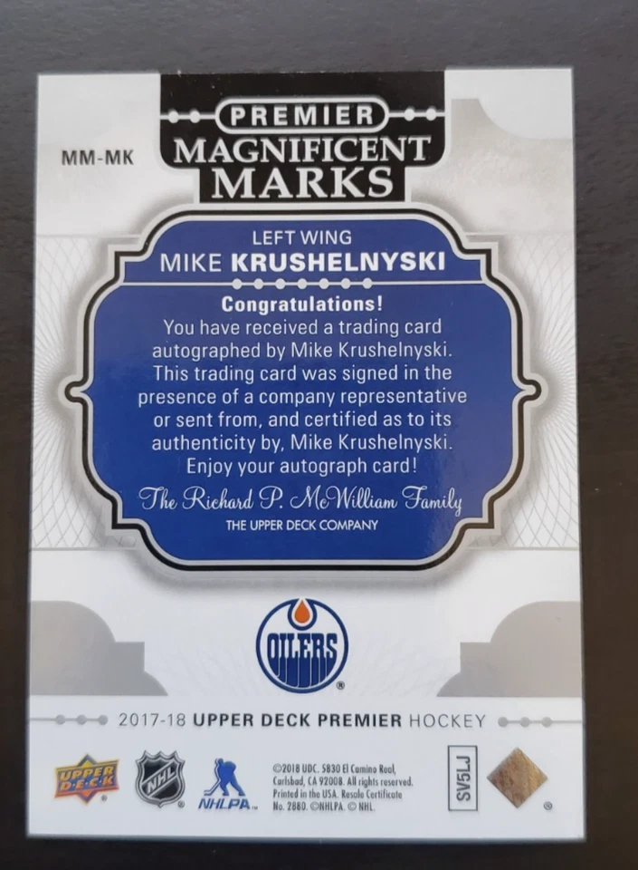 2017-18 Premier Mike Krushelnyski Magnificent Marks Auto #MM-MK Edmonton Oilers - Image 2 of 2